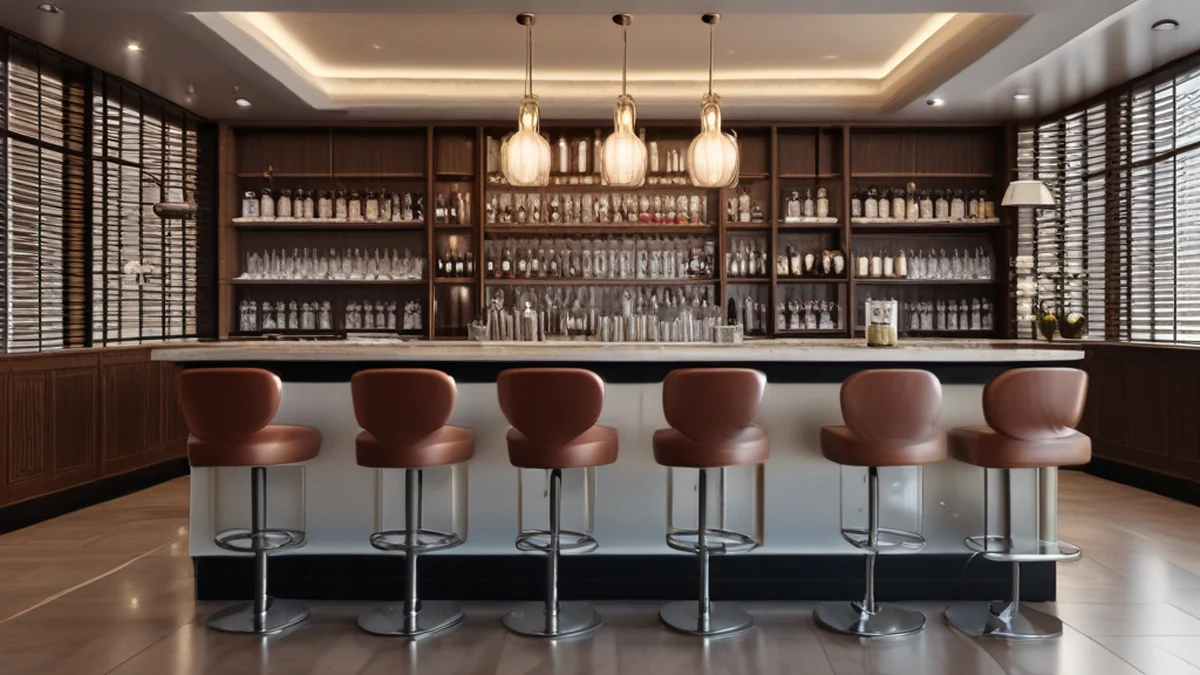 Un bar d'hôtel possède un comptoir, des verres et un panneau 'Hotel Bar'.