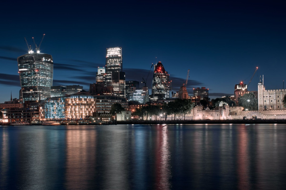 London hotel with city skyline