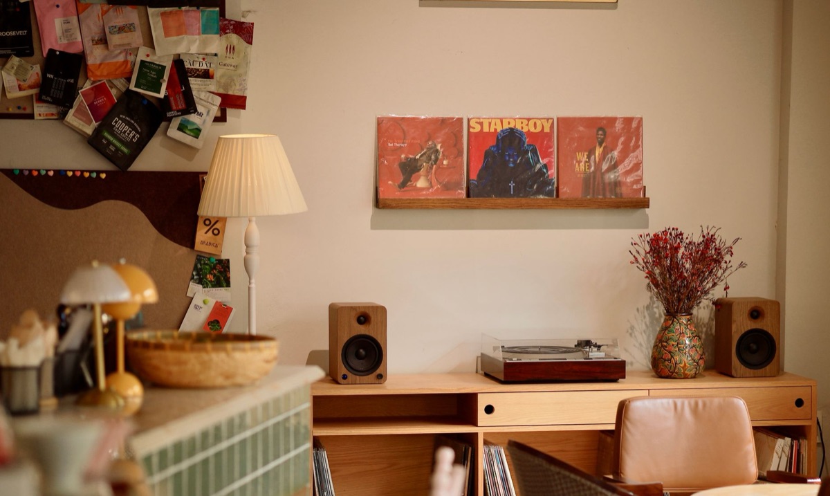 record player on brick wall