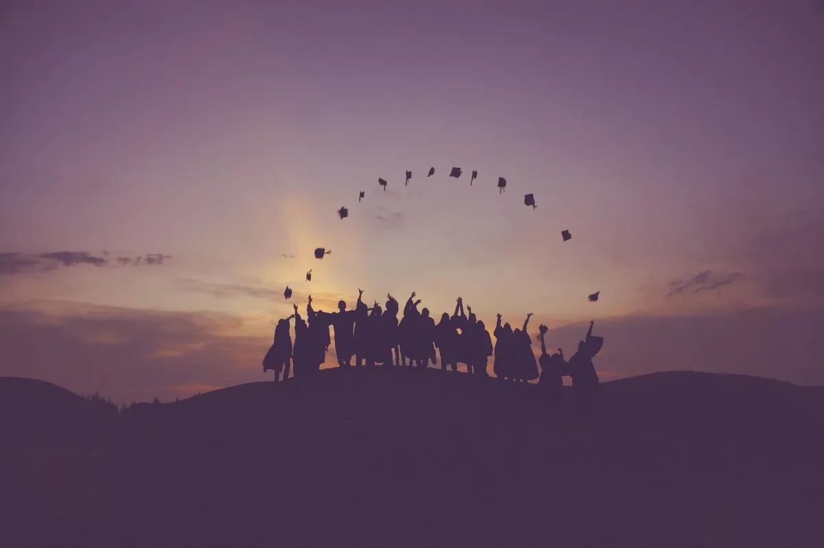 dawn, graduates, throwing hats, dusk, people, silhouette, students, nature, success, sunrise, sunset