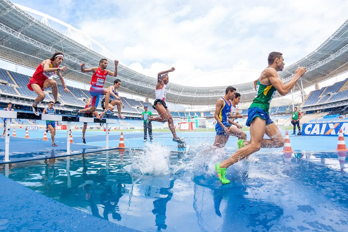 action, athletes, competition, hurdles, nature, men, people, race, running, splash, sport, stadium, track and field, water, blue water