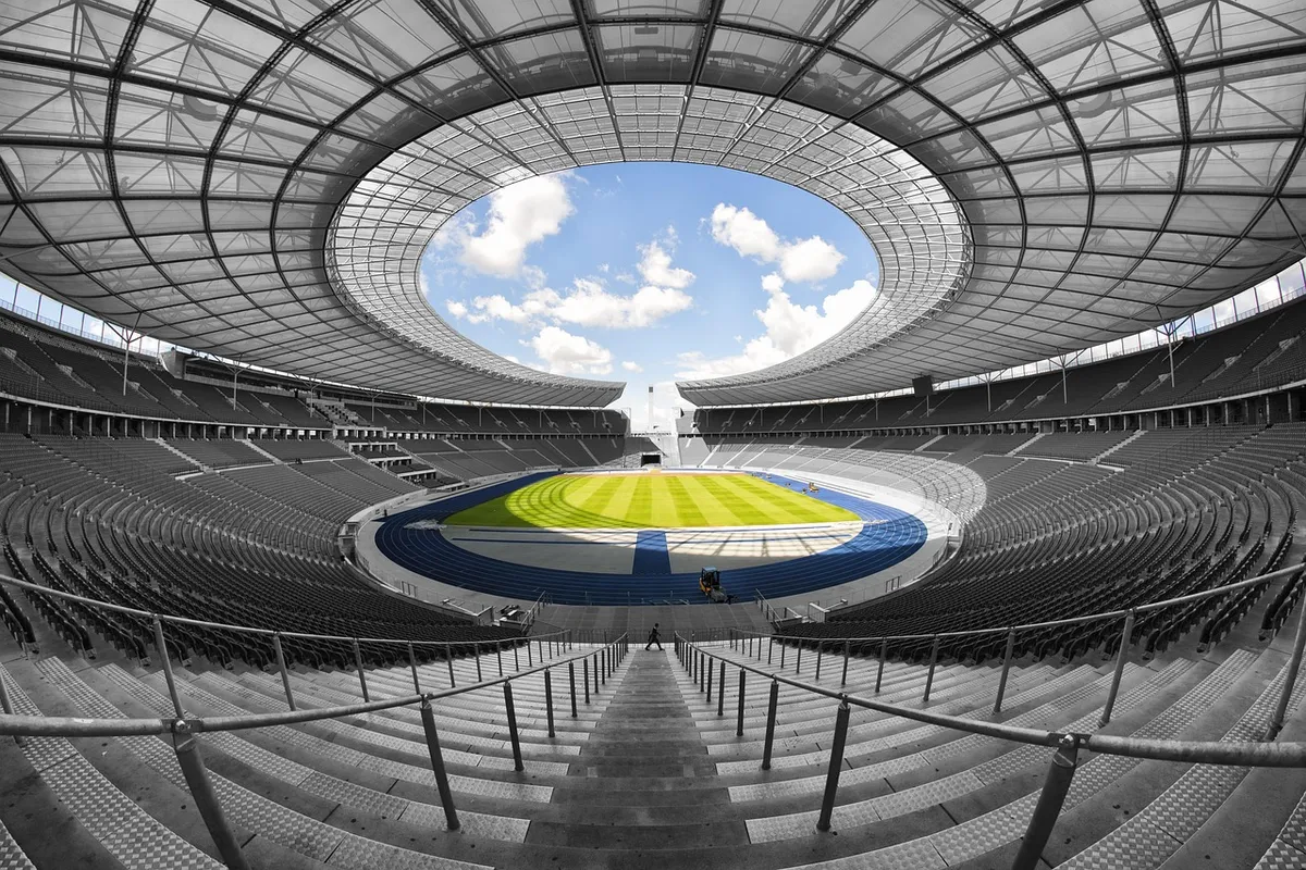 stadium, olympic stadium, structure, field, sport, football, football stadium, berlin, symmetrical, extreme long shot, stadium, sport, football, football, footb