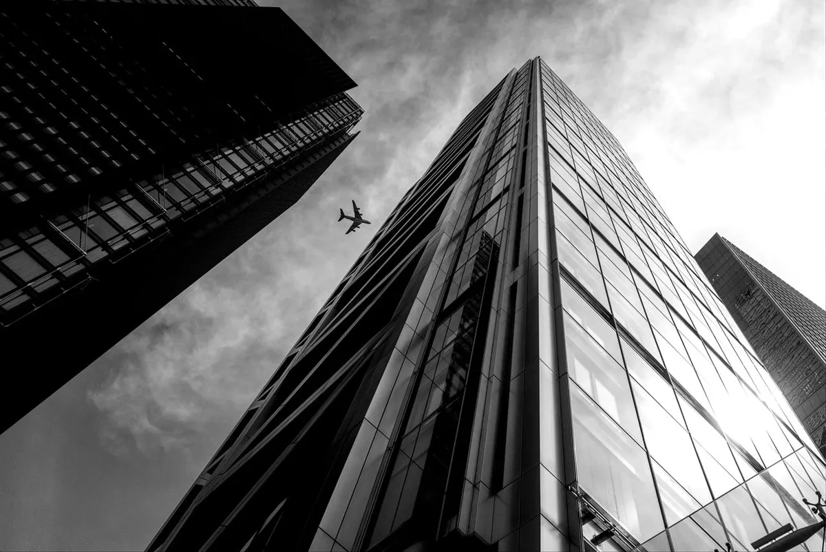 london, uk, reflection, glass, sun, light, summer, mono, city, nature, skyscraper, building, plane