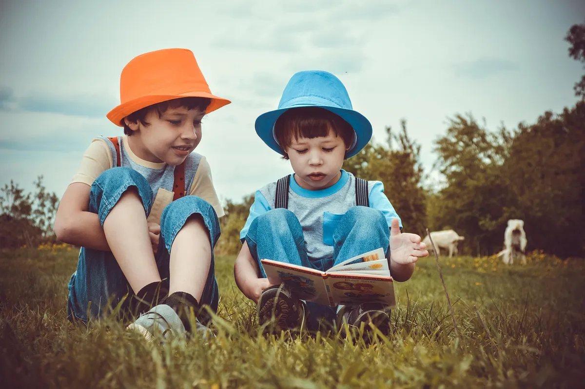 boys, kids, reading, summer, brothers, brothers and sisters, outdoors, meadow, childhood, family, nature, grass, village, river bank, fairy tales, book, childre