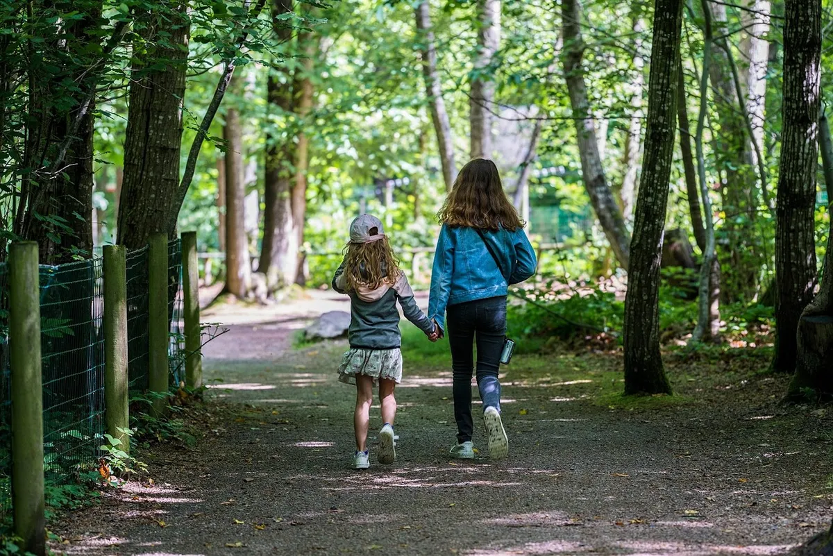 姉妹、通り、一緒に、子供、訪問、休日、友情