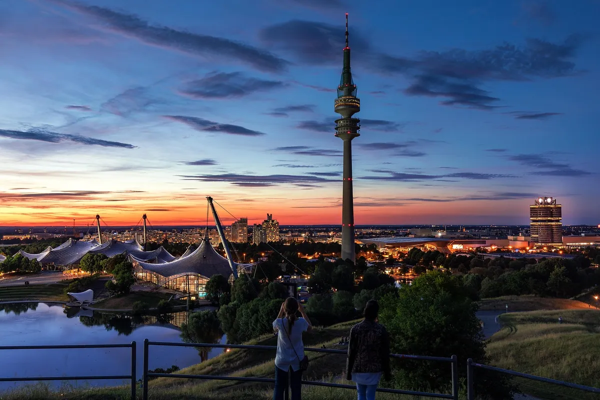 munich, olympic stadium, tv tower, sunset, city, olympic park, stadium, tower, football stadium, people, tourists, perspective, view, germany, lights, nature, d