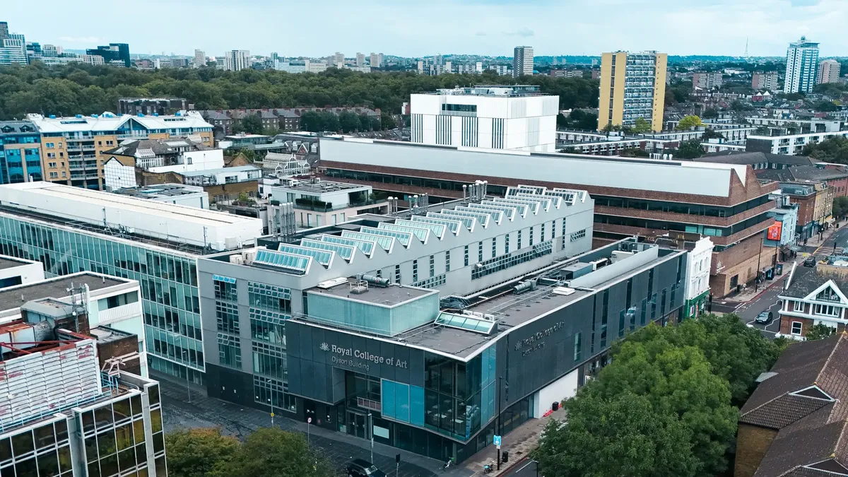 Aerial photograph showcasing the Royal College of Art, London, with modern architecture.