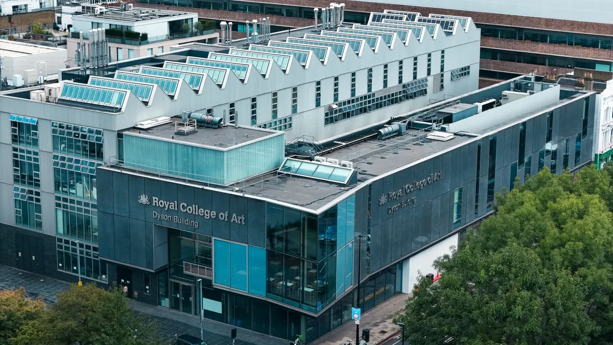 A modern aerial view of the Royal College of Art Dyson Building in London.